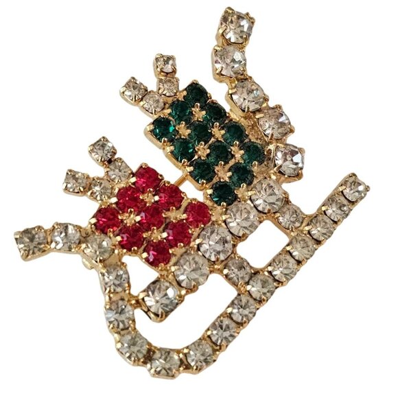 Santa's Sleigh Brooch Vintage Green Red Rhinestone Pin - Picture 3 of 9
